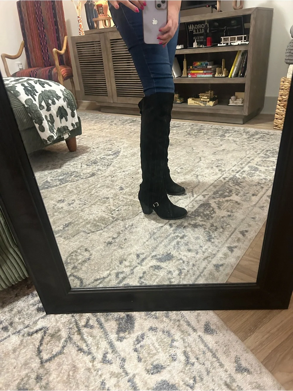 Black Suede Knee-High Heeled Boots